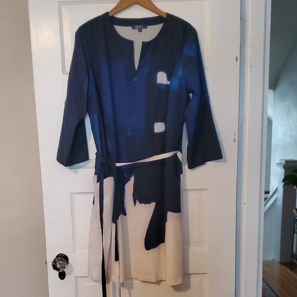 Elegant Long Sleeve Blue and White Dress